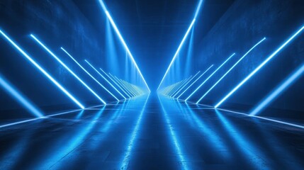 Abstract futuristic blue neon light tunnel background.