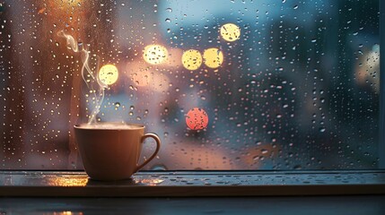 07231249 231. Steaming coffee cup placed on a windowsill, with a rain-soaked window in the background, creating a warm and cozy atmosphere