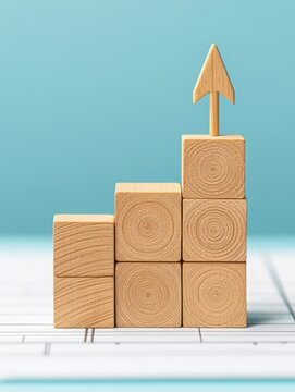 Wooden blocks arranged to show progress with an upward arrow, symbolizing growth and success in business and personal development.