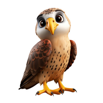 recommend clip art: A cute cartoon falcon with brown and white feathers, big yellow eyes and beak, and yellow feet, isolated on a black background.