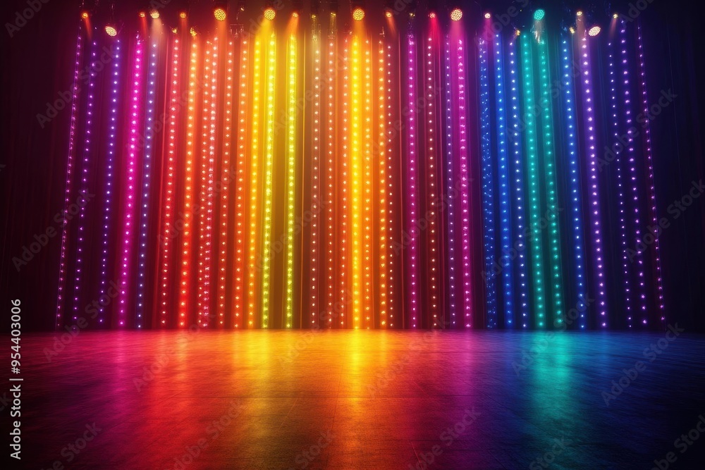 Poster rainbow led lights on a stage backdrop creating a colorful and festive atmosphere.