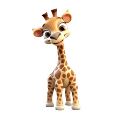 Obraz premium A cute cartoon giraffe with a big smile and brown spots on its body stands on a black background.