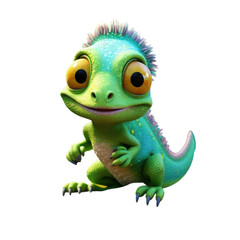 Fototapeta premium A cute cartoon green iguana with big eyes and a toothy smile, sitting on a black background.