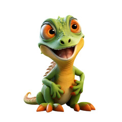 Fototapeta premium A cute cartoon green lizard with large eyes and a wide smile, sitting on a black background.
