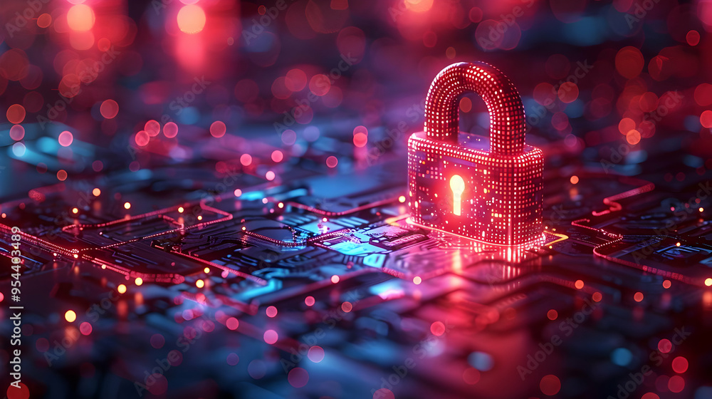 Wall mural cyber security: red lock on circuit board - 3d illustration