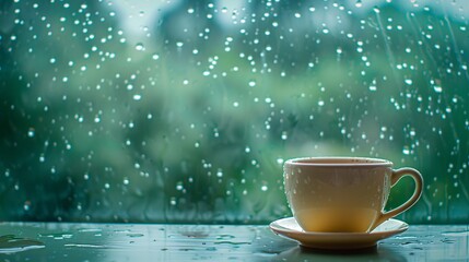 07231249 233. Artistic shot of a coffee cup against a rain-covered window, with soft light enhancing the cozy and tranquil ambiance