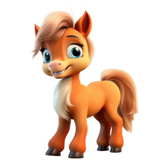 Fototapeta premium A cute cartoon horse with a big smile and a soft pink nose stands on a black background.