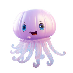 A cute cartoon jellyfish with big eyes and a happy smile, with a light pink body and blue tentacles.