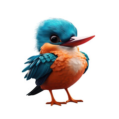 A cute cartoon kingfisher with blue and orange feathers and a long, thin beak.