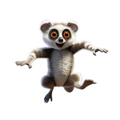 Fototapeta premium A cute cartoon lemur with big eyes and a happy expression jumps with its arms outstretched.