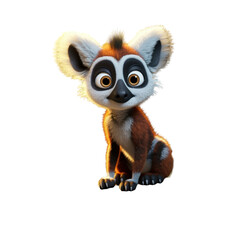 Fototapeta premium A cute cartoon lemur with big eyes and a fluffy tail sits against a white background.