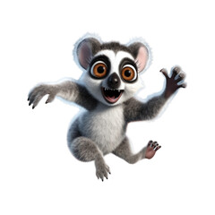 Obraz premium A cute cartoon lemur with big eyes and a toothy grin is running with its arm outstretched, looking happy and playful.
