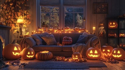 Living room decked out for Halloween with a cozy sofa and carved pumpkins. .