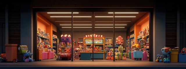 Arcade prize counter, filled with colorful toys and trinkets, under bright display lights