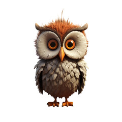 Naklejka premium A cute cartoon owl with big eyes and brown and white feathers stands against a black background.