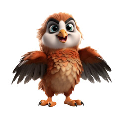 Fototapeta premium A cute cartoon owl with brown and white feathers, big eyes, and a wide smile, standing with its wings spread out.
