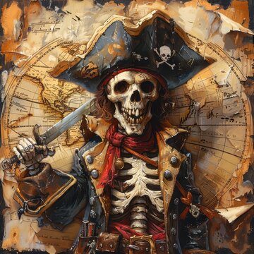 A striking pirate skeleton portrait featuring a sword, intricate details, and a vintage map background filled with adventure.