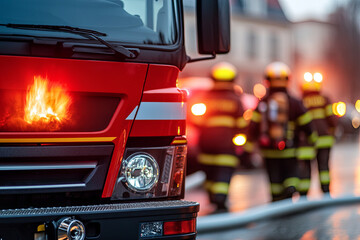 Fire truck with firefighters in action