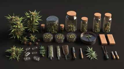 Hyper-realistic cannabis assortment with accessories, focusing on different strains,