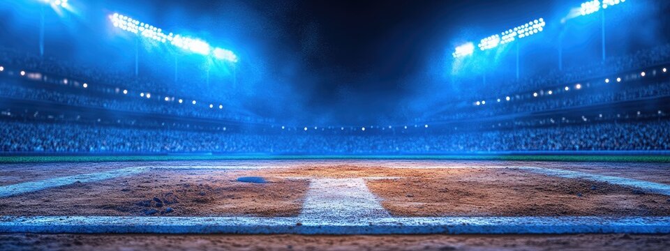 Baseball home plate, with dust and cleat marks, in the batter's box, under floodlights