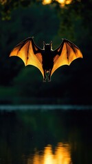 Fototapeta premium Bat flying over a pond, catching insects, under twilight skies