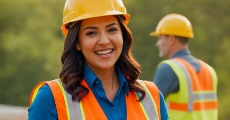 Fototapeta premium portrait of woman wearing construction clothes and construction helmet. Generative AI