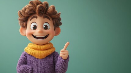3D Render of Cartoon Character in Purple Sweater Pointing Forward with Spiral Hand: Funny Clip Art Isolated on Green Fluorescent Background, Indicating Direction