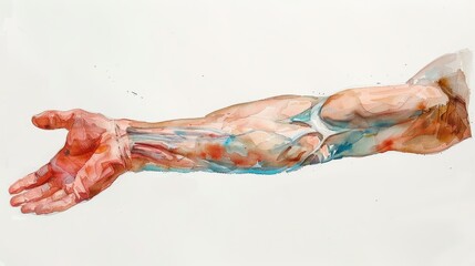 A vibrant watercolor painting of a human arm, showcasing detailed anatomy and bold colors, perfect for artistic and medical themes.
