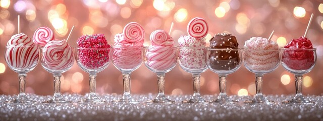 Candy stand, filled with lollipops and chocolates, under warm ambient light