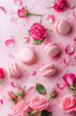 Light Pink Background with Macarons and Roses for a Delicate and Sweet Theme