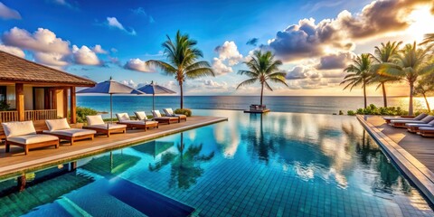 Fototapeta premium Luxurious resort with an infinity pool overlooking the ocean and private cabanas, luxury, resort