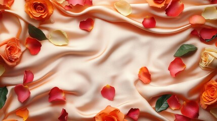 Naklejka premium Roses and Petals Scattered on Peach Satin Fabric