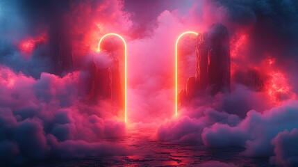 Set of Neon Geometric Shapes and Colorful Clouds: Abstract Background with Fantasy Design Elements, Perfect for Creative and Imaginative Concepts