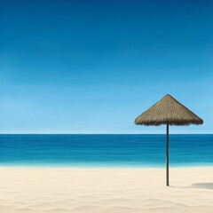 A serene beach scene featuring a straw umbrella beside calm, turquoise waters and golden sand under a clear blue sky.