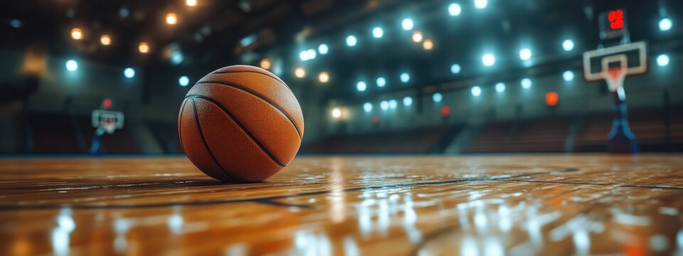 Close-up of a basketball, with leather texture visible, on a wooden court, under gym lights