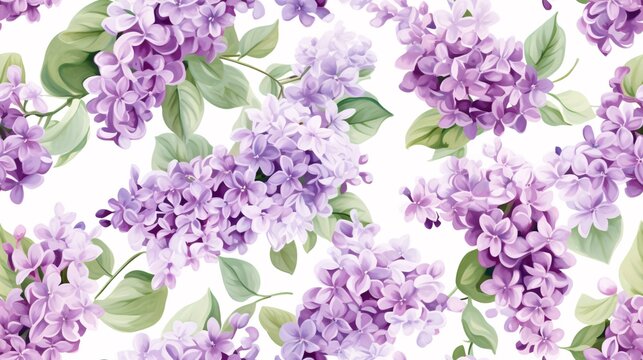 Watercolor lilac flowers arranged in a seamless pattern with purple lilac blooms and delicate green leaves, creating a vintage luxury design
