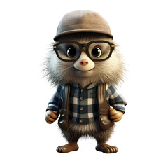 Obraz premium A cute, cartoon hedgehog wearing a plaid shirt, glasses and a cap.