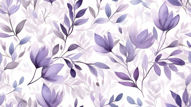 Soft watercolor illustration of lilac flowers and leaves in a continuous pattern, emphasizing purple hues with a classic and elegant feel