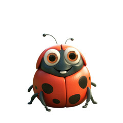 A cute, cartoon ladybug with big eyes and a smile, sitting on a black background.