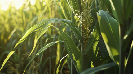 Hyper-realistic close-up of corn stalks at the peak of their growth, with leaves and kernels