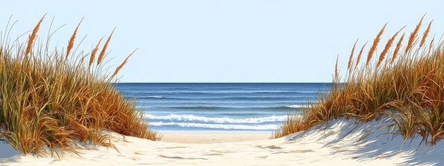 Coastal dunes, with sea grasses and a sandy beach, under bright afternoon sunlight