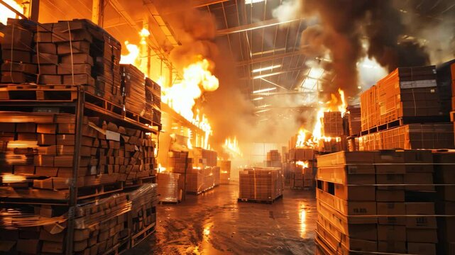 Inside view of Fire in industrial building or warehouse. Flame is everywhere. Security system , wooden boxes and pallets