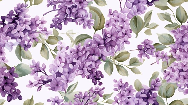 Watercolor pattern of lilac flowers and leaves in a seamless design, highlighting purple tones with a vintage luxury aesthetic