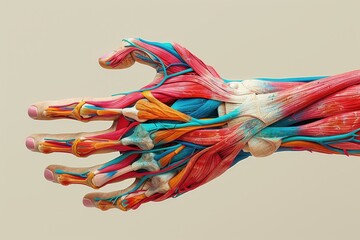 Detailed illustration of a human hand with colorful muscle and nerve structure, showcasing anatomical features in vibrant colors.