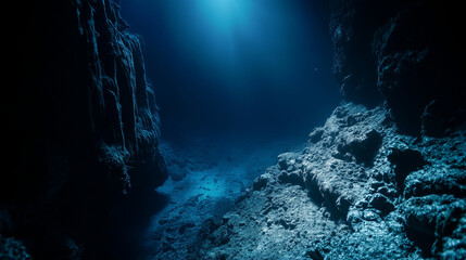 Mariana Trench, dark ocean depths with steep rock formations on the seabed, little light from bioluminescent organisms reaching the surrounding environment, Ai generated images