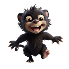 Fototapeta premium A cute, cartoon, black, furry, 3D creature with big eyes, a big smile, and brown nose is leaping forward with its paws outstretched.