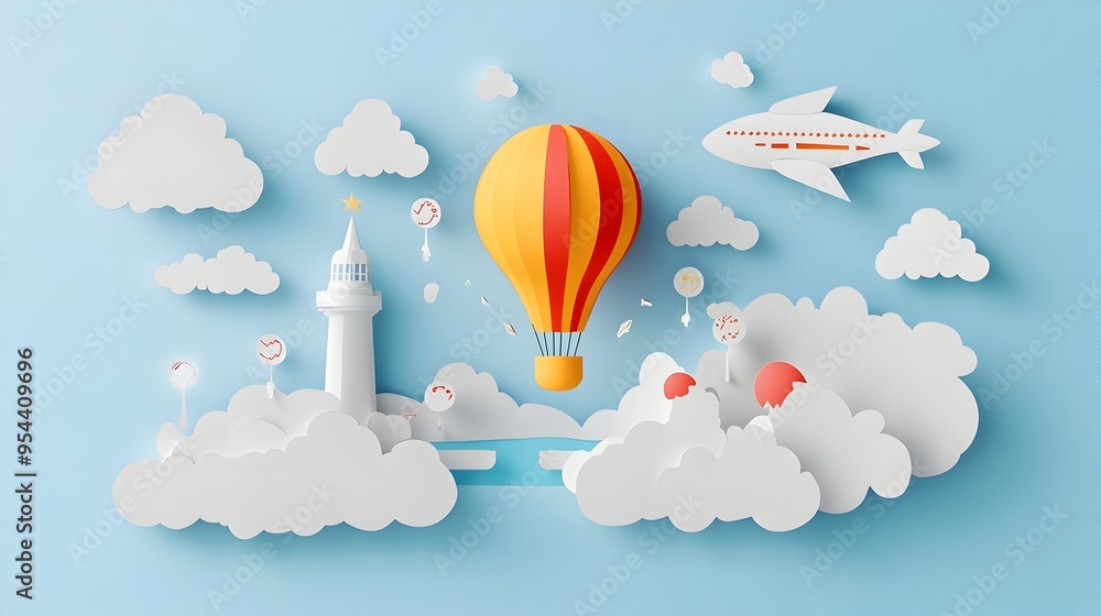 Poster Abstract Weather Map with Paper Cut Style Forecast Icons
