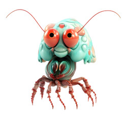 A cute, cartoon-like, blue and red bug with large eyes, a smile, and eight legs.