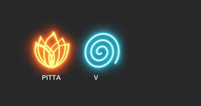 An Ayurvedic infographic animation showing the three doshas - Vata with air and ether symbols, Pitta with fire and water, and Kapha with water and earth. Harmony with nature. Alternative medicine