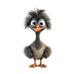 Fototapeta premium A cute, cartoon-style bird with a fluffy head, large eyes, and an orange beak. It is standing with its legs together and looking directly at the viewer.